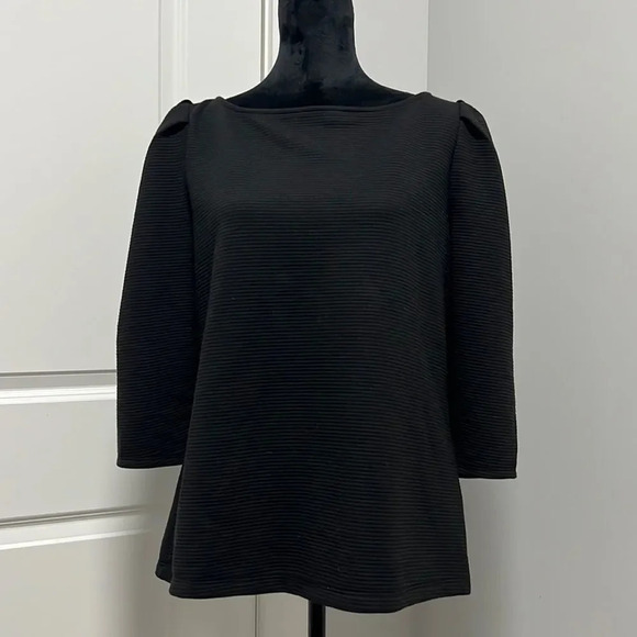 Worthington women’s boat neck puff 3/4 length sleeves black ribbed blouse size L - Picture 1 of 8